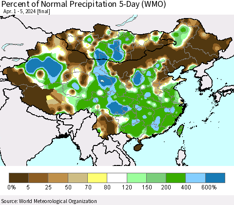 China, Mongolia and Taiwan Percent of Normal Precipitation 5-Day (WMO) Thematic Map For 4/1/2024 - 4/5/2024