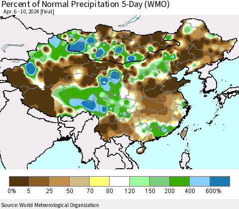 China, Mongolia and Taiwan Percent of Normal Precipitation 5-Day (WMO) Thematic Map For 4/6/2024 - 4/10/2024
