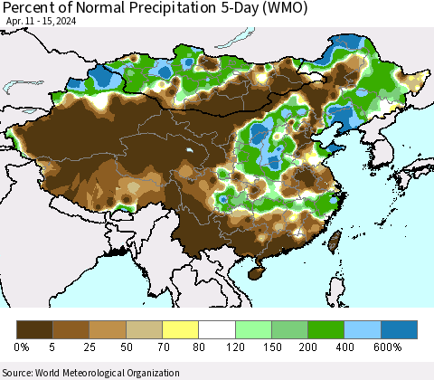 China, Mongolia and Taiwan Percent of Normal Precipitation 5-Day (WMO) Thematic Map For 4/11/2024 - 4/15/2024
