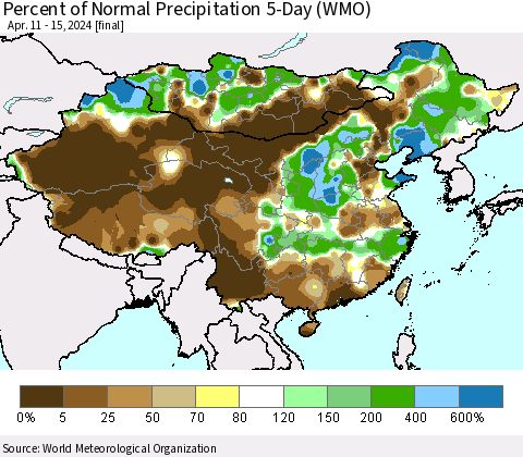 China, Mongolia and Taiwan Percent of Normal Precipitation 5-Day (WMO) Thematic Map For 4/11/2024 - 4/15/2024