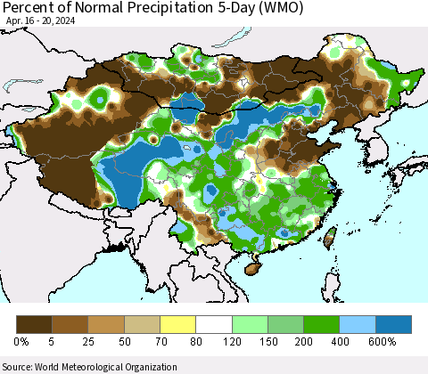 China, Mongolia and Taiwan Percent of Normal Precipitation 5-Day (WMO) Thematic Map For 4/16/2024 - 4/20/2024