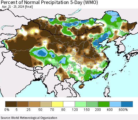 China, Mongolia and Taiwan Percent of Normal Precipitation 5-Day (WMO) Thematic Map For 4/21/2024 - 4/25/2024