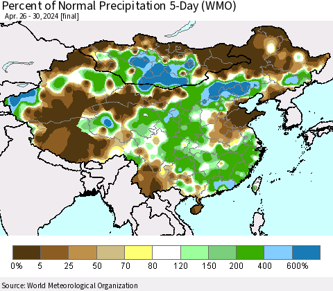 China, Mongolia and Taiwan Percent of Normal Precipitation 5-Day (WMO) Thematic Map For 4/26/2024 - 4/30/2024