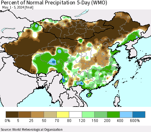 China, Mongolia and Taiwan Percent of Normal Precipitation 5-Day (WMO) Thematic Map For 5/1/2024 - 5/5/2024