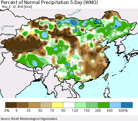 China, Mongolia and Taiwan Percent of Normal Precipitation 5-Day (WMO) Thematic Map For 5/6/2024 - 5/10/2024