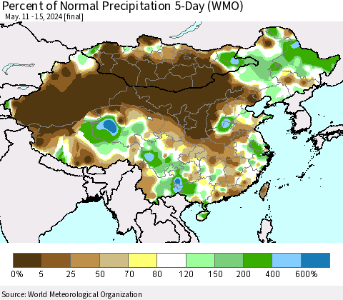 China, Mongolia and Taiwan Percent of Normal Precipitation 5-Day (WMO) Thematic Map For 5/11/2024 - 5/15/2024