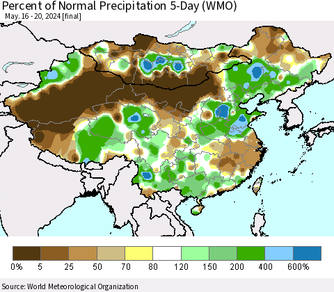 China, Mongolia and Taiwan Percent of Normal Precipitation 5-Day (WMO) Thematic Map For 5/16/2024 - 5/20/2024