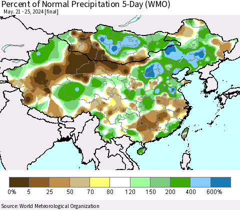 China, Mongolia and Taiwan Percent of Normal Precipitation 5-Day (WMO) Thematic Map For 5/21/2024 - 5/25/2024