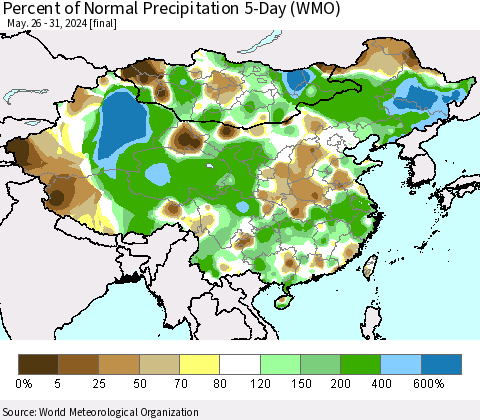 China, Mongolia and Taiwan Percent of Normal Precipitation 5-Day (WMO) Thematic Map For 5/26/2024 - 5/31/2024