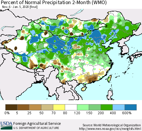 China, Mongolia and Taiwan Percent of Normal Precipitation 2-Month (WMO) Thematic Map For 11/6/2019 - 1/5/2020