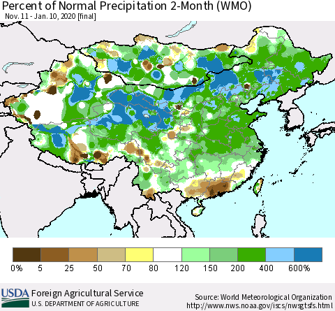 China, Mongolia and Taiwan Percent of Normal Precipitation 2-Month (WMO) Thematic Map For 11/11/2019 - 1/10/2020