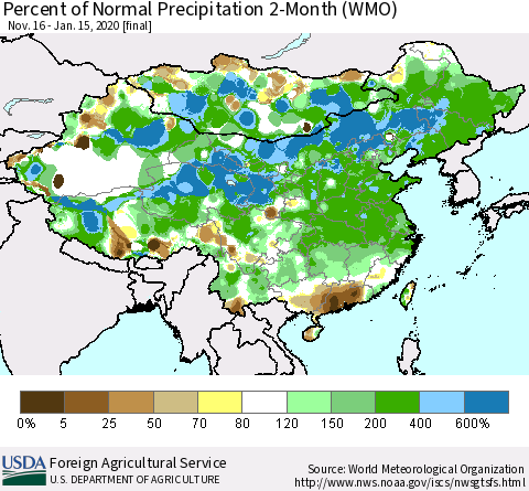 China, Mongolia and Taiwan Percent of Normal Precipitation 2-Month (WMO) Thematic Map For 11/16/2019 - 1/15/2020