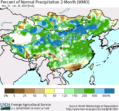 China, Mongolia and Taiwan Percent of Normal Precipitation 2-Month (WMO) Thematic Map For 11/21/2019 - 1/20/2020