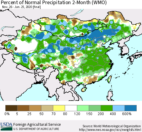 China, Mongolia and Taiwan Percent of Normal Precipitation 2-Month (WMO) Thematic Map For 11/26/2019 - 1/25/2020