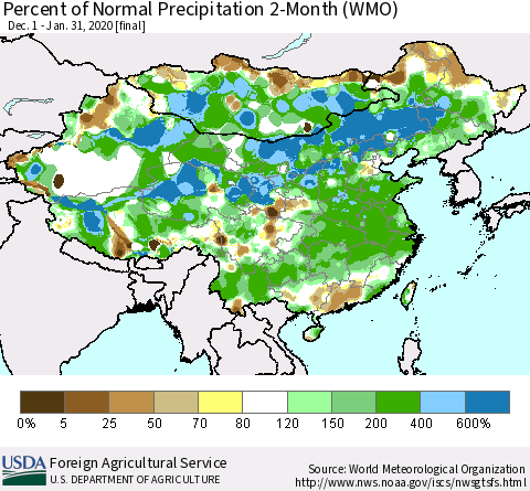 China, Mongolia and Taiwan Percent of Normal Precipitation 2-Month (WMO) Thematic Map For 12/1/2019 - 1/31/2020