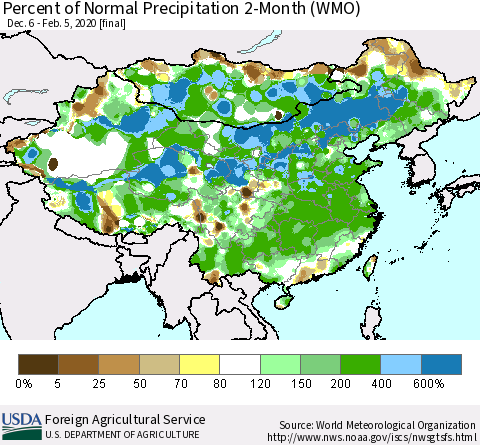 China, Mongolia and Taiwan Percent of Normal Precipitation 2-Month (WMO) Thematic Map For 12/6/2019 - 2/5/2020