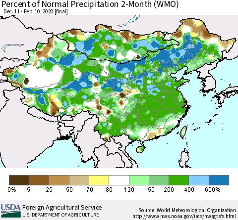 China, Mongolia and Taiwan Percent of Normal Precipitation 2-Month (WMO) Thematic Map For 12/11/2019 - 2/10/2020