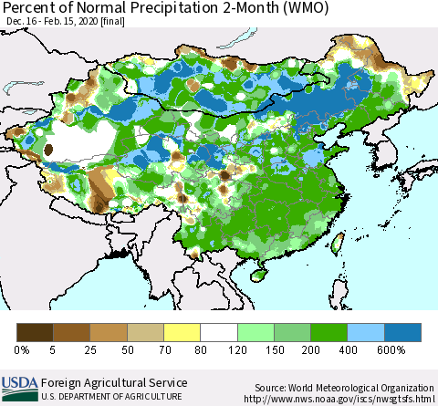 China, Mongolia and Taiwan Percent of Normal Precipitation 2-Month (WMO) Thematic Map For 12/16/2019 - 2/15/2020