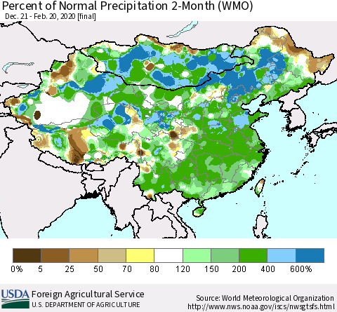 China, Mongolia and Taiwan Percent of Normal Precipitation 2-Month (WMO) Thematic Map For 12/21/2019 - 2/20/2020