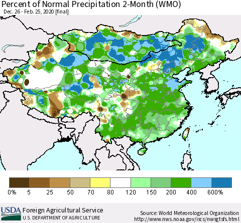 China, Mongolia and Taiwan Percent of Normal Precipitation 2-Month (WMO) Thematic Map For 12/26/2019 - 2/25/2020