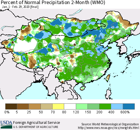 China, Mongolia and Taiwan Percent of Normal Precipitation 2-Month (WMO) Thematic Map For 1/1/2020 - 2/29/2020
