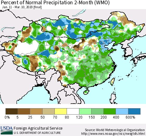 China, Mongolia and Taiwan Percent of Normal Precipitation 2-Month (WMO) Thematic Map For 1/11/2020 - 3/10/2020