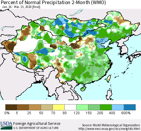 China, Mongolia and Taiwan Percent of Normal Precipitation 2-Month (WMO) Thematic Map For 1/16/2020 - 3/15/2020