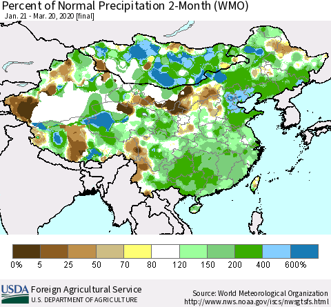 China, Mongolia and Taiwan Percent of Normal Precipitation 2-Month (WMO) Thematic Map For 1/21/2020 - 3/20/2020