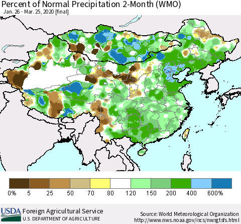 China, Mongolia and Taiwan Percent of Normal Precipitation 2-Month (WMO) Thematic Map For 1/26/2020 - 3/25/2020