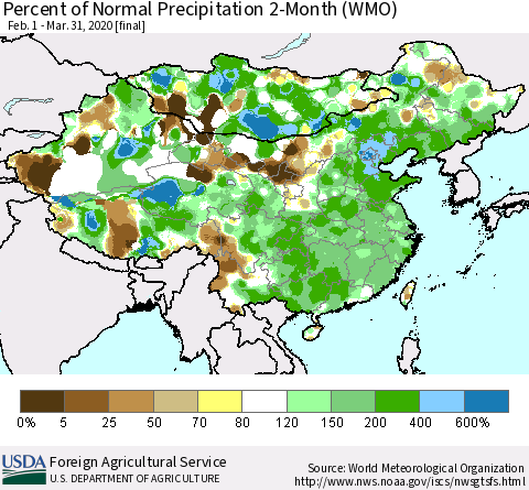 China, Mongolia and Taiwan Percent of Normal Precipitation 2-Month (WMO) Thematic Map For 2/1/2020 - 3/31/2020
