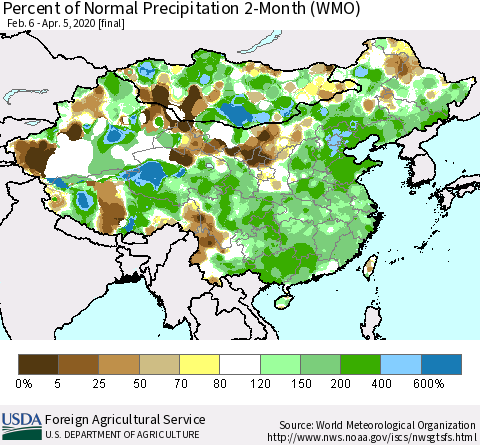 China, Mongolia and Taiwan Percent of Normal Precipitation 2-Month (WMO) Thematic Map For 2/6/2020 - 4/5/2020