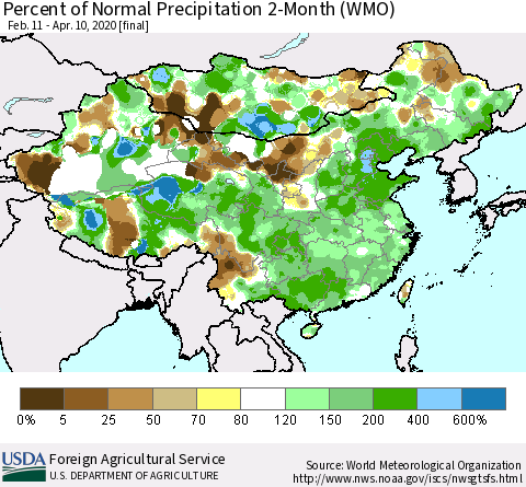 China, Mongolia and Taiwan Percent of Normal Precipitation 2-Month (WMO) Thematic Map For 2/11/2020 - 4/10/2020