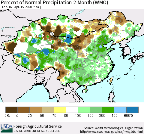 China, Mongolia and Taiwan Percent of Normal Precipitation 2-Month (WMO) Thematic Map For 2/16/2020 - 4/15/2020