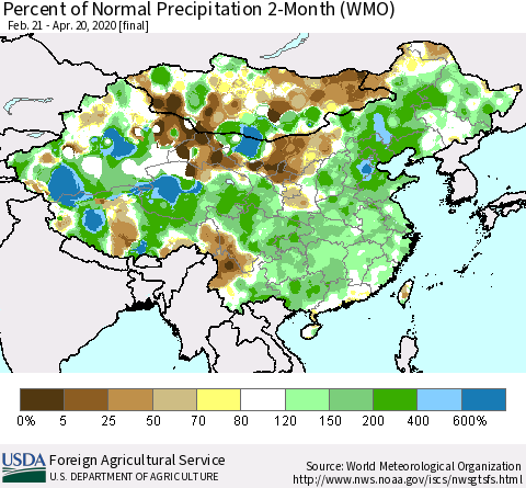 China, Mongolia and Taiwan Percent of Normal Precipitation 2-Month (WMO) Thematic Map For 2/21/2020 - 4/20/2020