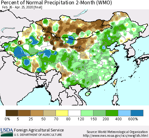 China, Mongolia and Taiwan Percent of Normal Precipitation 2-Month (WMO) Thematic Map For 2/26/2020 - 4/25/2020