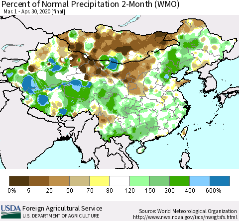 China, Mongolia and Taiwan Percent of Normal Precipitation 2-Month (WMO) Thematic Map For 3/1/2020 - 4/30/2020