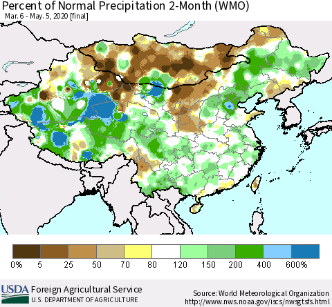 China, Mongolia and Taiwan Percent of Normal Precipitation 2-Month (WMO) Thematic Map For 3/6/2020 - 5/5/2020