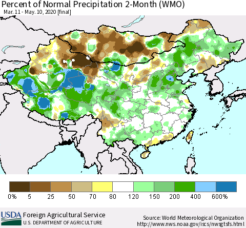 China, Mongolia and Taiwan Percent of Normal Precipitation 2-Month (WMO) Thematic Map For 3/11/2020 - 5/10/2020