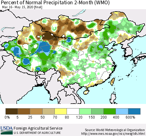 China, Mongolia and Taiwan Percent of Normal Precipitation 2-Month (WMO) Thematic Map For 3/16/2020 - 5/15/2020