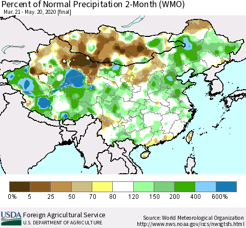 China, Mongolia and Taiwan Percent of Normal Precipitation 2-Month (WMO) Thematic Map For 3/21/2020 - 5/20/2020