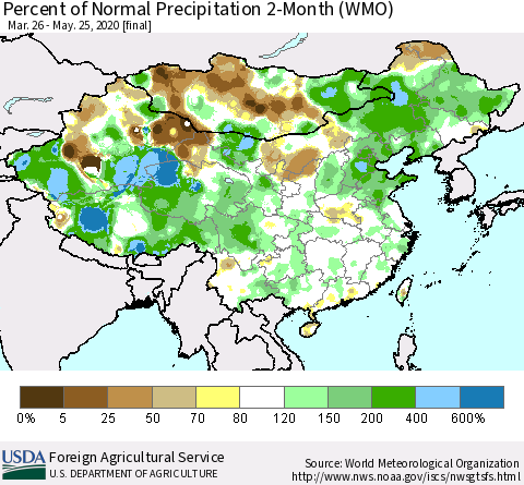 China, Mongolia and Taiwan Percent of Normal Precipitation 2-Month (WMO) Thematic Map For 3/26/2020 - 5/25/2020