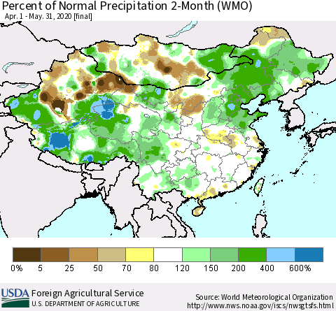 China, Mongolia and Taiwan Percent of Normal Precipitation 2-Month (WMO) Thematic Map For 4/1/2020 - 5/31/2020