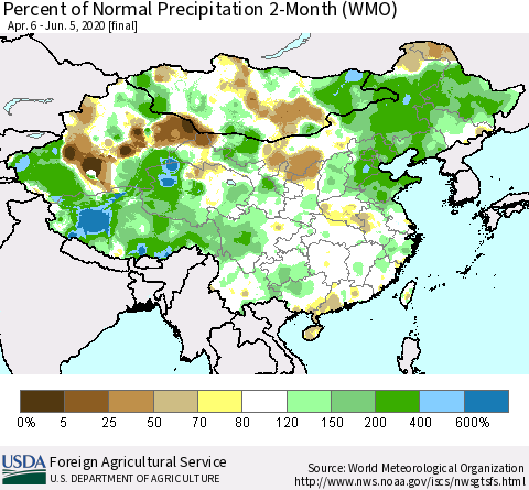 China, Mongolia and Taiwan Percent of Normal Precipitation 2-Month (WMO) Thematic Map For 4/6/2020 - 6/5/2020