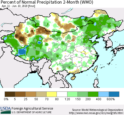 China, Mongolia and Taiwan Percent of Normal Precipitation 2-Month (WMO) Thematic Map For 4/11/2020 - 6/10/2020