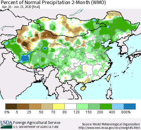 China, Mongolia and Taiwan Percent of Normal Precipitation 2-Month (WMO) Thematic Map For 4/16/2020 - 6/15/2020