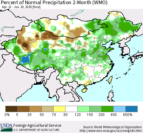 China, Mongolia and Taiwan Percent of Normal Precipitation 2-Month (WMO) Thematic Map For 4/21/2020 - 6/20/2020