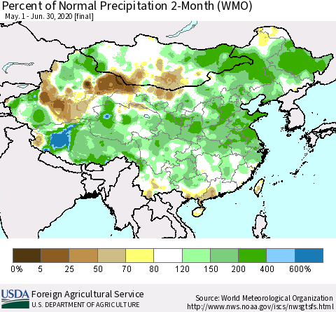 China, Mongolia and Taiwan Percent of Normal Precipitation 2-Month (WMO) Thematic Map For 5/1/2020 - 6/30/2020