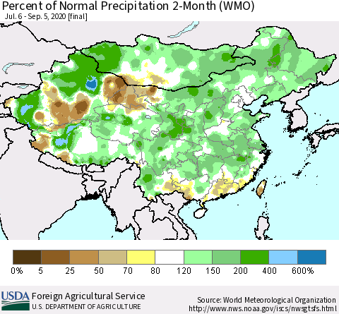 China, Mongolia and Taiwan Percent of Normal Precipitation 2-Month (WMO) Thematic Map For 7/6/2020 - 9/5/2020
