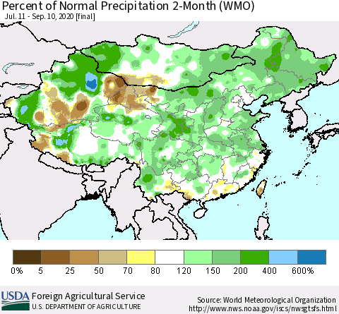China, Mongolia and Taiwan Percent of Normal Precipitation 2-Month (WMO) Thematic Map For 7/11/2020 - 9/10/2020