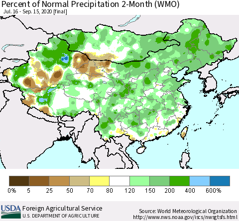 China, Mongolia and Taiwan Percent of Normal Precipitation 2-Month (WMO) Thematic Map For 7/16/2020 - 9/15/2020